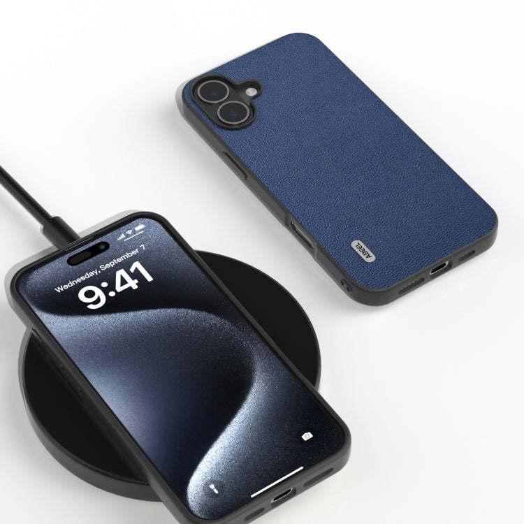 For iPhone 16 Plus ABEEL Genuine Leather Luolai Series Phone Case(Dark Blue)