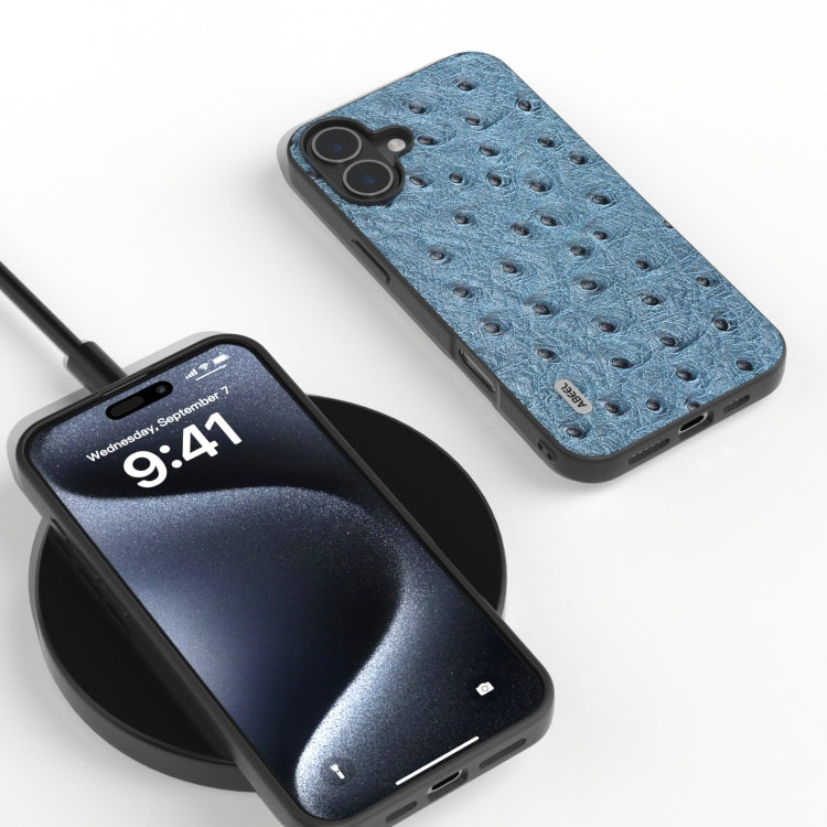 For iPhone 16 ABEEL Genuine Leather Ostrich Texture Phone Case(Blue)