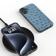 For iPhone 16 ABEEL Genuine Leather Ostrich Texture Phone Case(Blue)