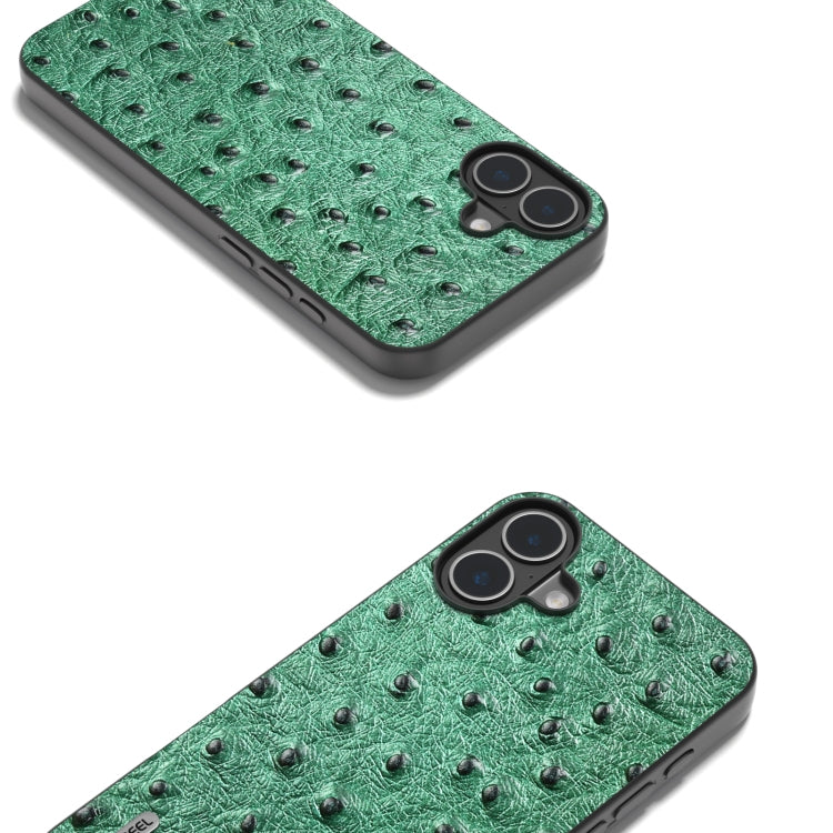 For iPhone 16 Plus ABEEL Genuine Leather Ostrich Texture Phone Case(Green)