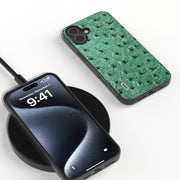 For iPhone 16 Plus ABEEL Genuine Leather Ostrich Texture Phone Case(Green)