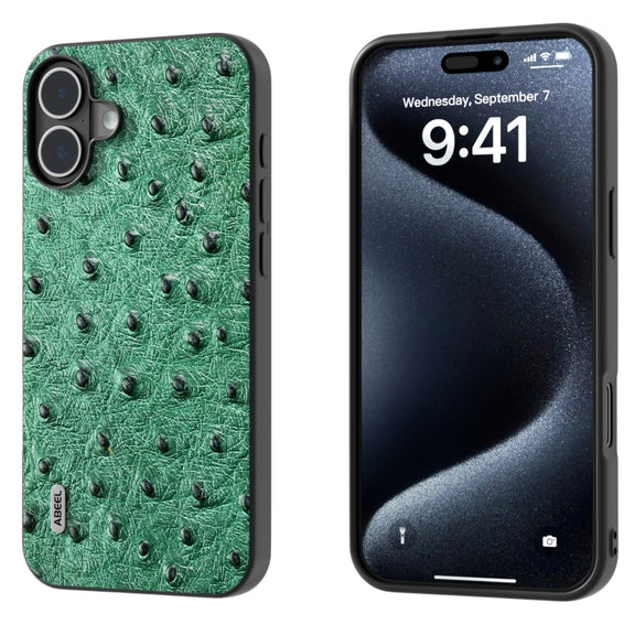 For iPhone 16 Plus ABEEL Genuine Leather Ostrich Texture Phone Case(Green)