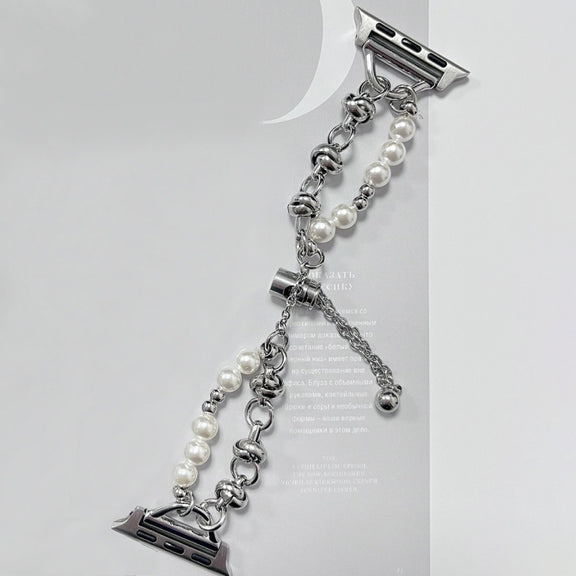 For Apple Watch 7 45mm Pearl Bracelet Metal Watch Band(Silver)