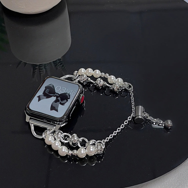 For Apple Watch 38mm Pearl Bracelet Metal Watch Band(Silver Black)