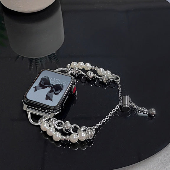 For Apple Watch 38mm Pearl Bracelet Metal Watch Band(Silver Black)