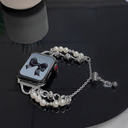For Apple Watch 42mm Pearl Bracelet Metal Watch Band(Silver Black)