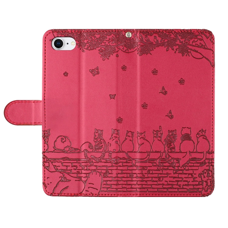 For iPhone 16e Cat Embossing Pattern Leather Phone Case with Lanyard(Red)