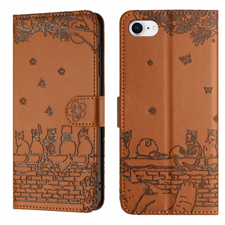 For iPhone 16e Cat Embossing Pattern Leather Phone Case with Lanyard(Brown)