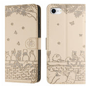 For iPhone 16e Cat Embossing Pattern Leather Phone Case with Lanyard(Beige)