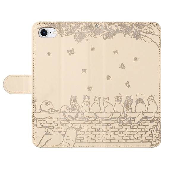 For iPhone 16e Cat Embossing Pattern Leather Phone Case with Lanyard(Beige)