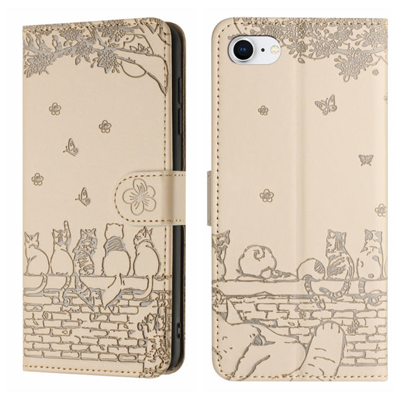 For iPhone 16e Cat Embossing Pattern Leather Phone Case with Lanyard(Beige)