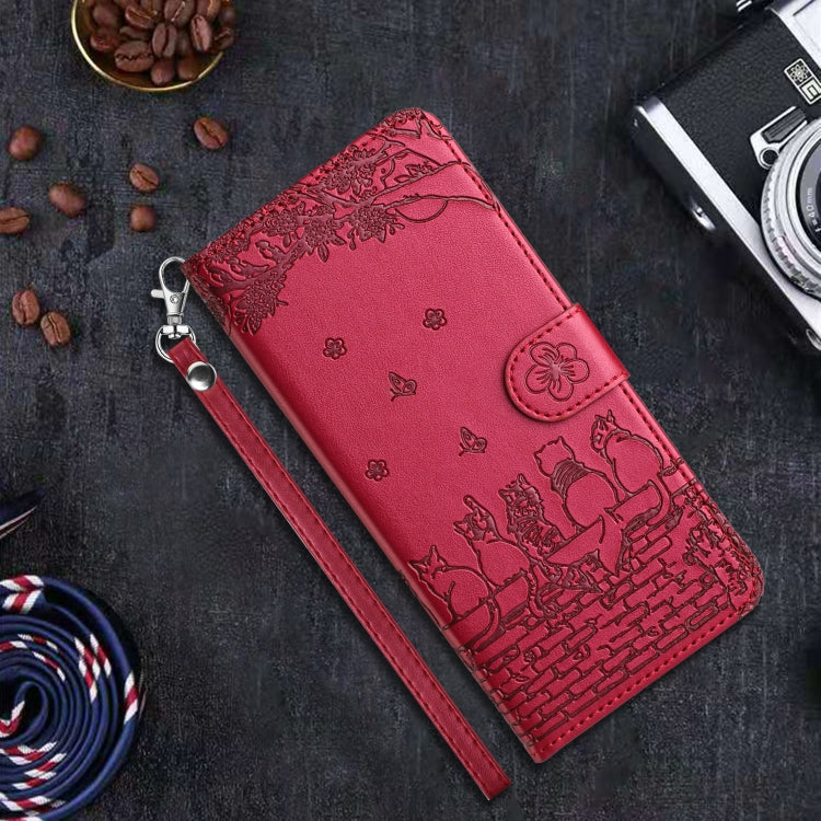 For iPhone 16 Pro Max Cat Embossing Pattern Leather Phone Case with Lanyard(Red)