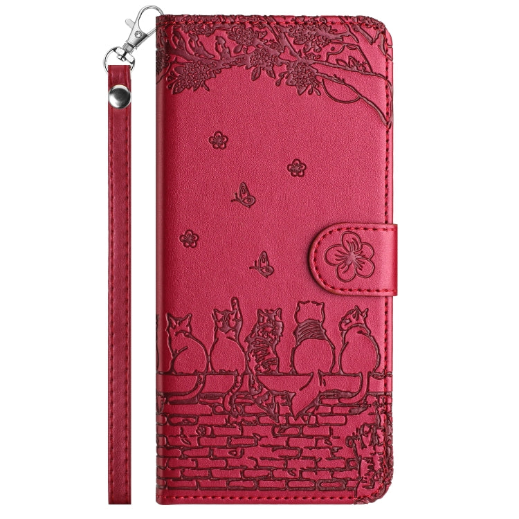 For iPhone 16 Pro Max Cat Embossing Pattern Leather Phone Case with Lanyard(Red)