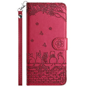 For iPhone 16 Pro Max Cat Embossing Pattern Leather Phone Case with Lanyard(Red)