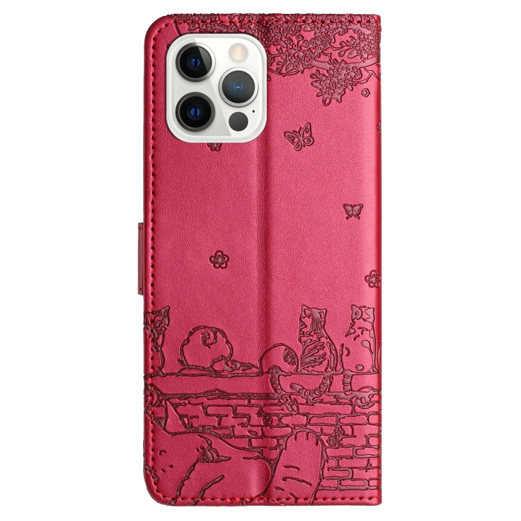 For iPhone 16 Pro Max Cat Embossing Pattern Leather Phone Case with Lanyard(Red)