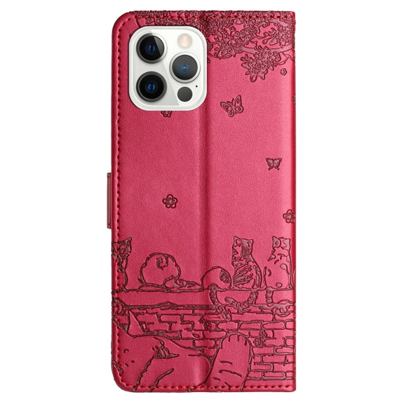 For iPhone 16 Pro Max Cat Embossing Pattern Leather Phone Case with Lanyard(Red)