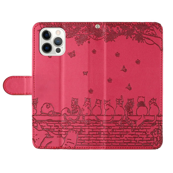 For iPhone 16 Pro Max Cat Embossing Pattern Leather Phone Case with Lanyard(Red)