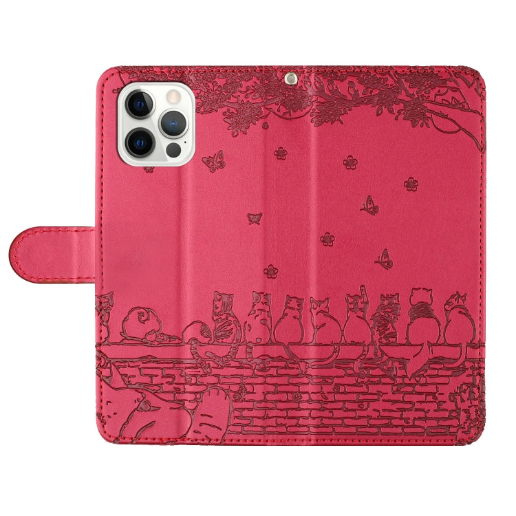 For iPhone 16 Pro Max Cat Embossing Pattern Leather Phone Case with Lanyard(Red)