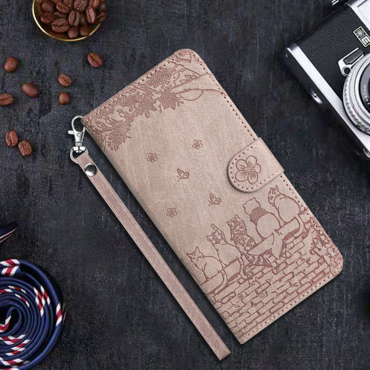 For iPhone 16 Pro Cat Embossing Pattern Leather Phone Case with Lanyard(Grey)