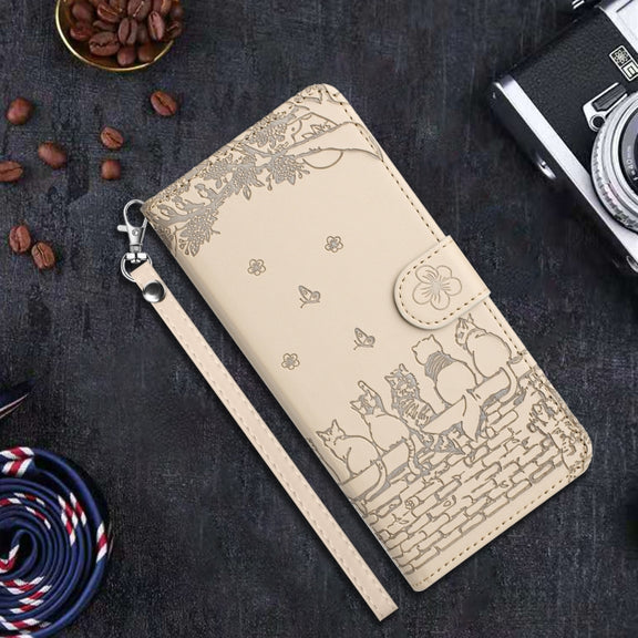 For iPhone 16 Pro Cat Embossing Pattern Leather Phone Case with Lanyard(Beige)