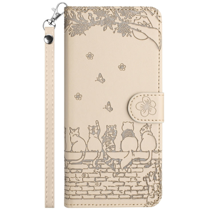For iPhone 16 Pro Cat Embossing Pattern Leather Phone Case with Lanyard(Beige)