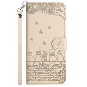 For iPhone 16 Pro Cat Embossing Pattern Leather Phone Case with Lanyard(Beige)