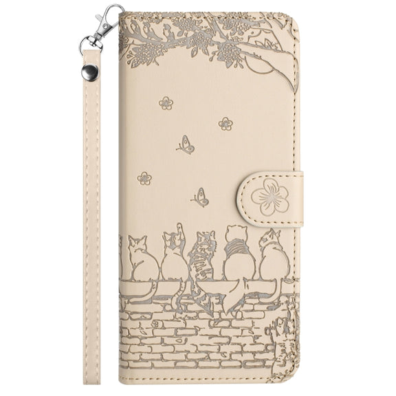 For iPhone 16 Pro Cat Embossing Pattern Leather Phone Case with Lanyard(Beige)