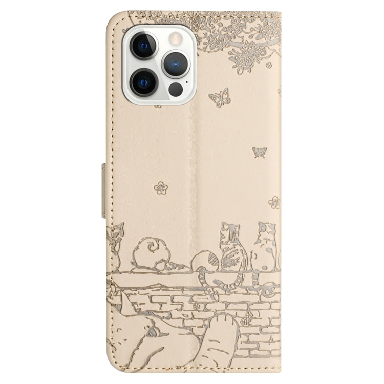 For iPhone 16 Pro Cat Embossing Pattern Leather Phone Case with Lanyard(Beige)