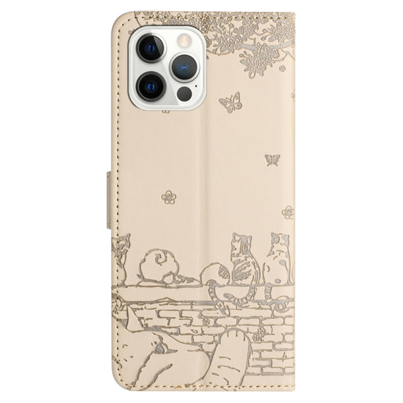 For iPhone 16 Pro Cat Embossing Pattern Leather Phone Case with Lanyard(Beige)