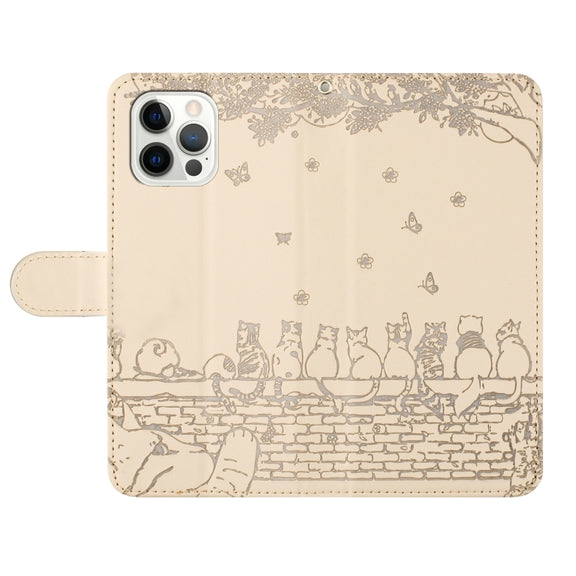 For iPhone 16 Pro Cat Embossing Pattern Leather Phone Case with Lanyard(Beige)