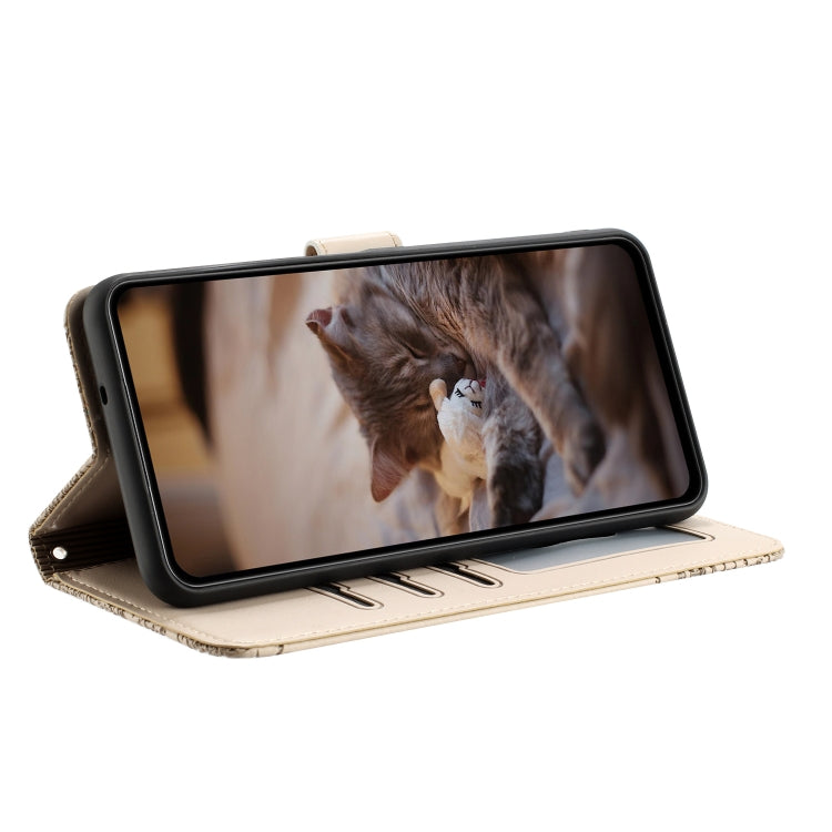 For iPhone 16 Pro Cat Embossing Pattern Leather Phone Case with Lanyard(Beige)