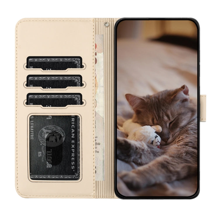 For iPhone 16 Pro Cat Embossing Pattern Leather Phone Case with Lanyard(Beige)