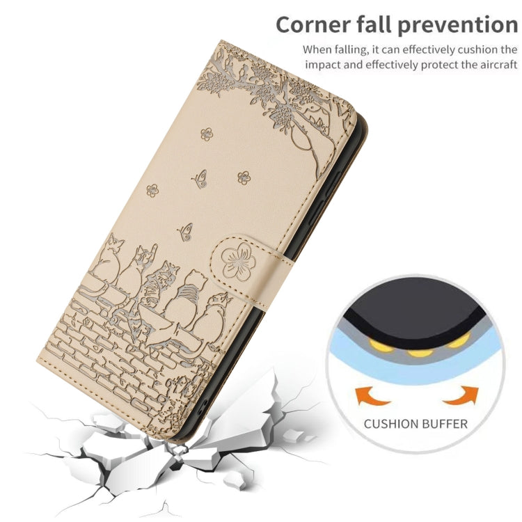 For iPhone 16 Pro Cat Embossing Pattern Leather Phone Case with Lanyard(Beige)