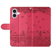 For iPhone 16 Plus Cat Embossing Pattern Leather Phone Case with Lanyard(Red)