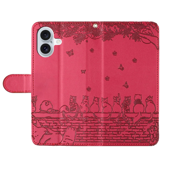 For iPhone 16 Plus Cat Embossing Pattern Leather Phone Case with Lanyard(Red)