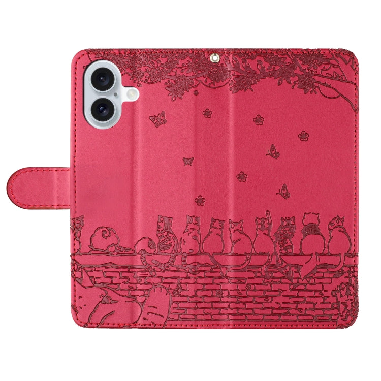 For iPhone 16 Plus Cat Embossing Pattern Leather Phone Case with Lanyard(Red)