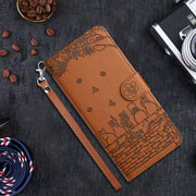 For iPhone 16 Plus Cat Embossing Pattern Leather Phone Case with Lanyard(Brown)