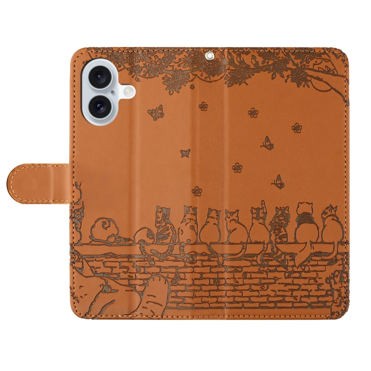 For iPhone 16 Plus Cat Embossing Pattern Leather Phone Case with Lanyard(Brown)
