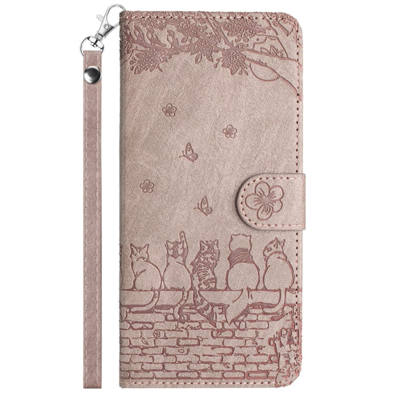 For iPhone 16 Plus Cat Embossing Pattern Leather Phone Case with Lanyard(Grey)