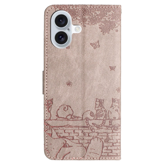For iPhone 16 Plus Cat Embossing Pattern Leather Phone Case with Lanyard(Grey)