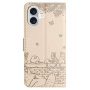 For iPhone 16 Plus Cat Embossing Pattern Leather Phone Case with Lanyard(Beige)