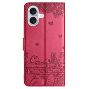 For iPhone 16 Cat Embossing Pattern Leather Phone Case with Lanyard(Red)