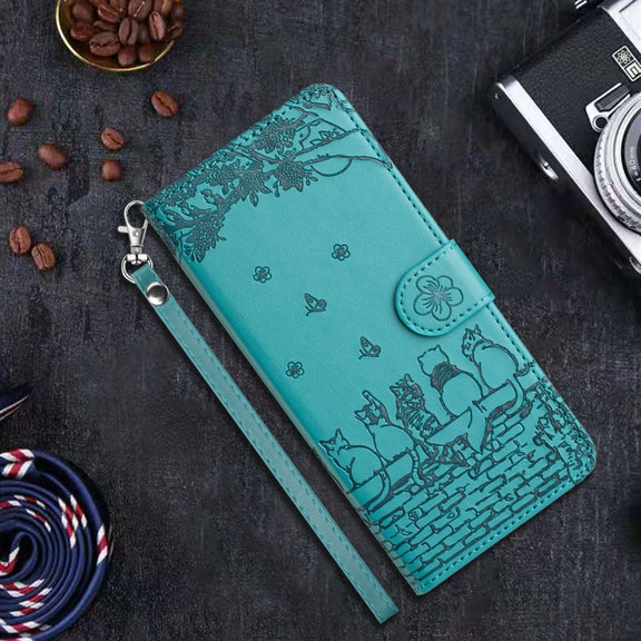 For iPhone 16 Cat Embossing Pattern Leather Phone Case with Lanyard(Blue)