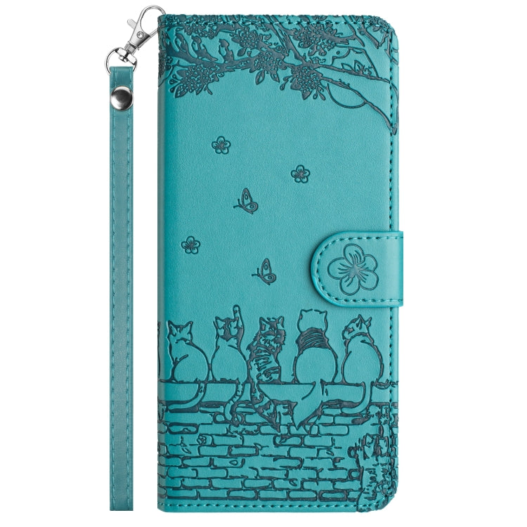 For iPhone 16 Cat Embossing Pattern Leather Phone Case with Lanyard(Blue)