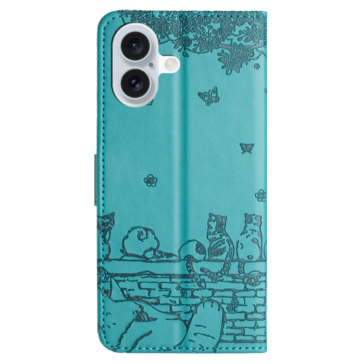 For iPhone 16 Cat Embossing Pattern Leather Phone Case with Lanyard(Blue)