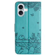 For iPhone 16 Cat Embossing Pattern Leather Phone Case with Lanyard(Blue)