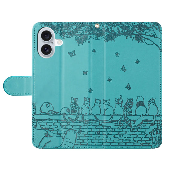 For iPhone 16 Cat Embossing Pattern Leather Phone Case with Lanyard(Blue)