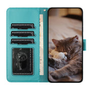For iPhone 16 Cat Embossing Pattern Leather Phone Case with Lanyard(Blue)