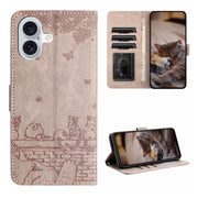 For iPhone 16 Cat Embossing Pattern Leather Phone Case with Lanyard(Grey)