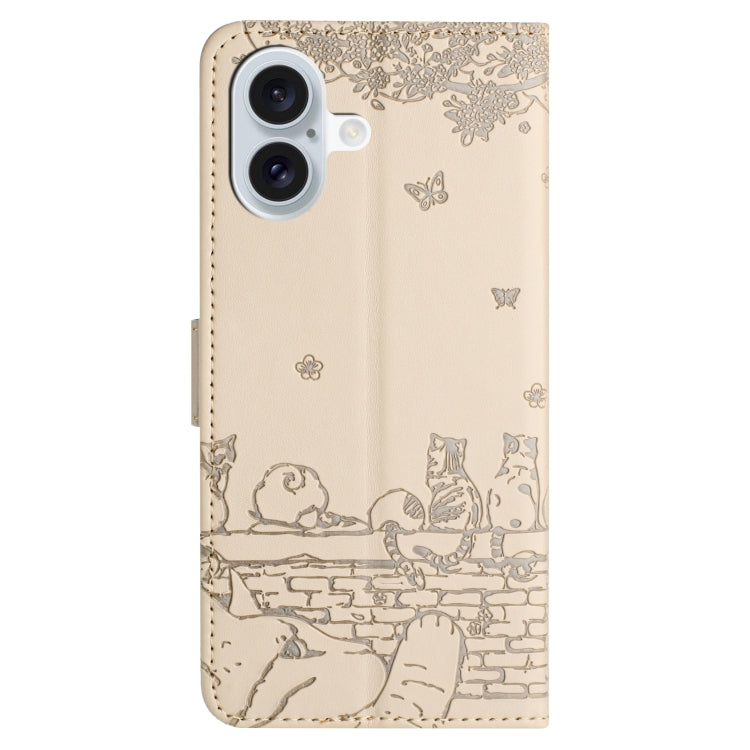 For iPhone 16 Cat Embossing Pattern Leather Phone Case with Lanyard(Beige)
